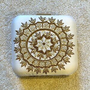 Off White Colored Beaded Clutch with Mandala Style Design